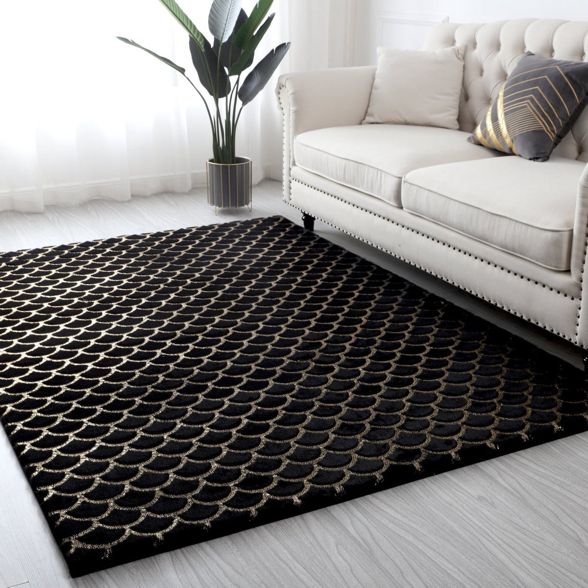 Enchanting Black Mermaid Half Moon Rug with Shimmery Golden Metallic Faux Fur Chinchilla Touch