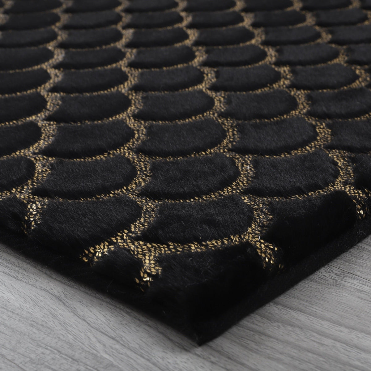 Enchanting Black Mermaid Half Moon Rug with Shimmery Golden Metallic Faux Fur Chinchilla Touch