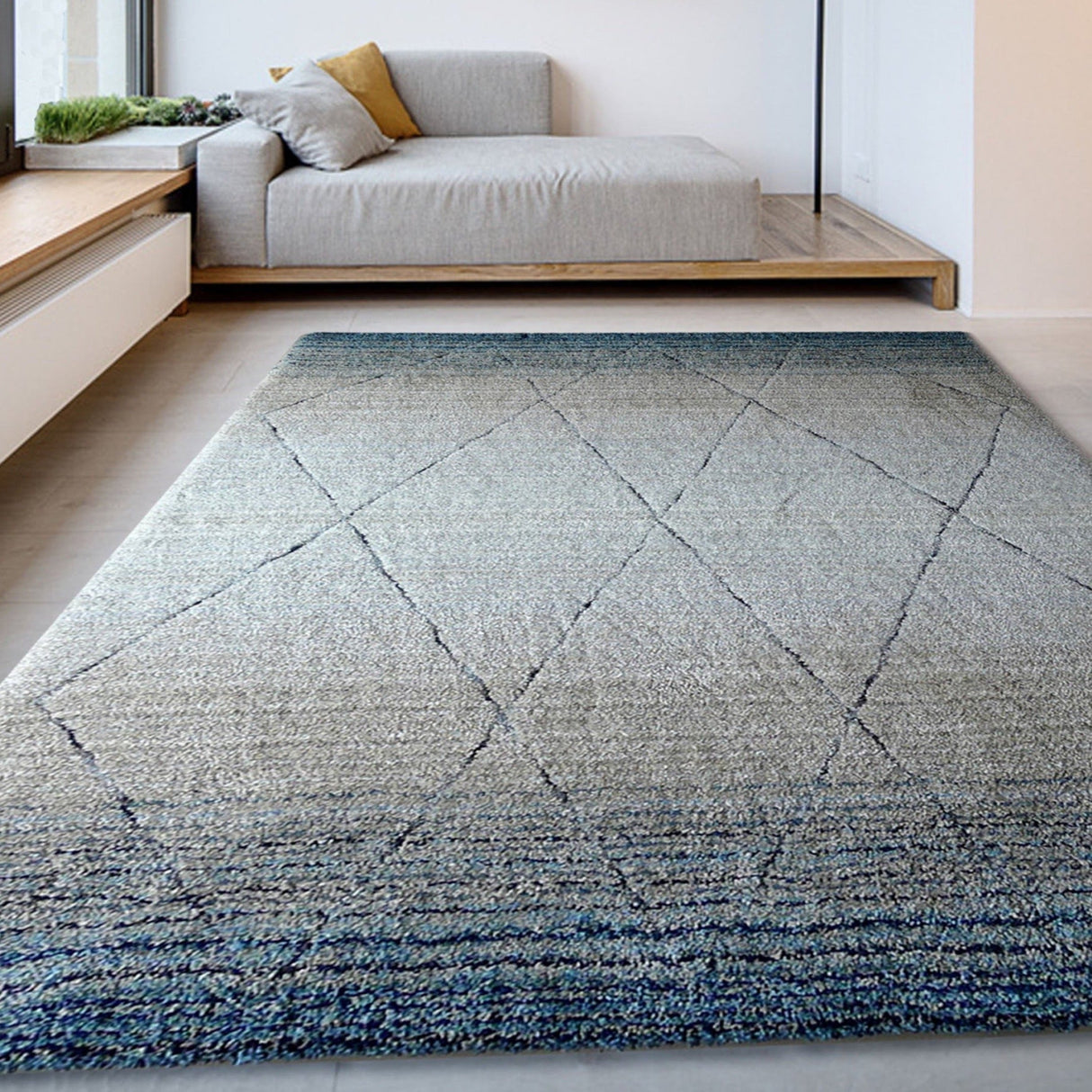 Moroccan Shag Area Rug - Polyester Fabric, Blue/Natural Color Fade, Hand Tufted Hand Carved, 5' X 7' (1 Rug)