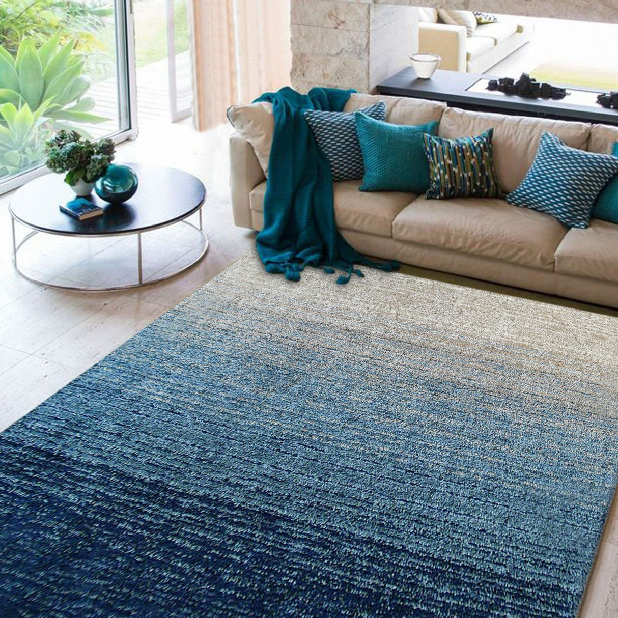 Fading Colors Blue Shade Shag Polyester Fabric - Blue Abstract Shag, Hand Tufted, 7'6" X 10'3" (1 Piece)