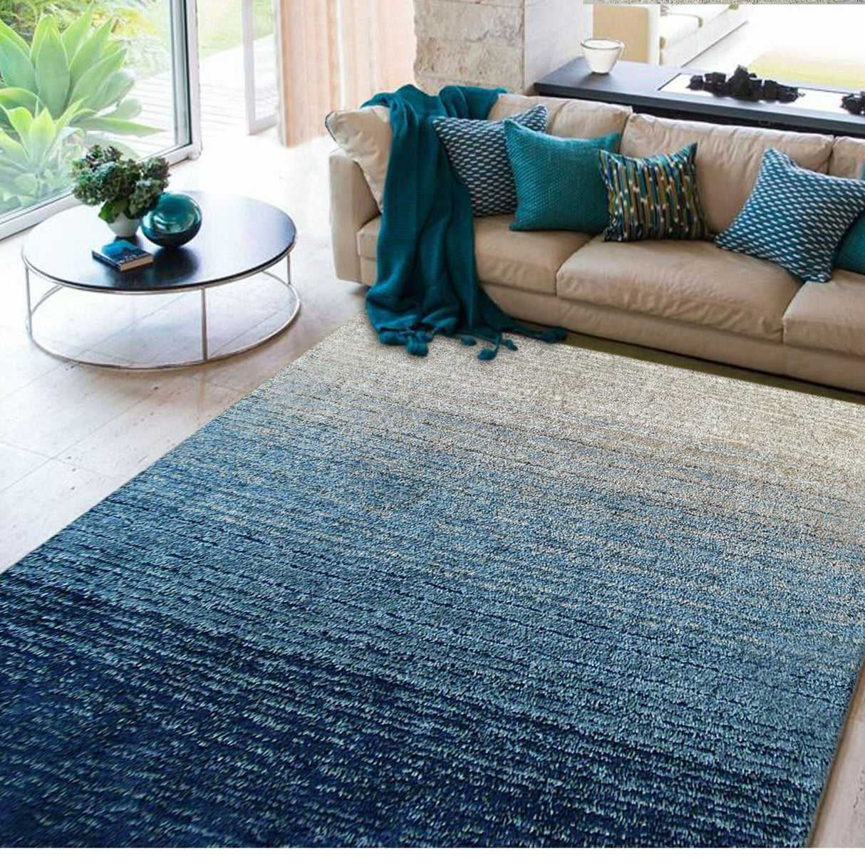 Fading Colors Blue Shade Shag Polyester Fabric - Blue Abstract Shag, Hand Tufted, 7'6" X 10'3" (1 Piece)