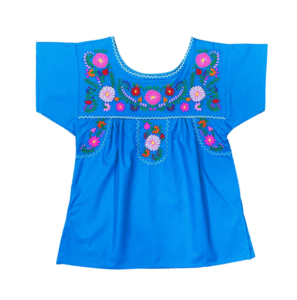 Traditional Puebla Mexican Youth Girl Embroidered Cotton Blouse - Colorful Embroidery, Size 4-14 (1 Piece)