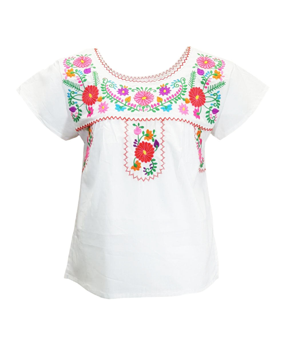 Traditional Puebla Mexican Youth Girl Embroidered Cotton Blouse - Colorful Embroidery, Size 4-14 (1 Piece)