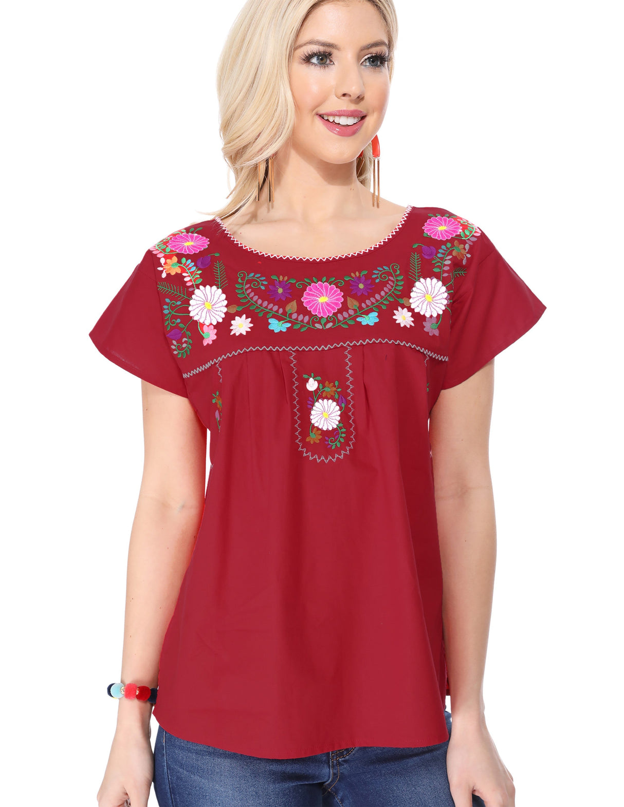 Traditional Mexican Women Blouse - Floral Embroidery, Short Sleeve (S-M-L-XL-2XL-3XL)
