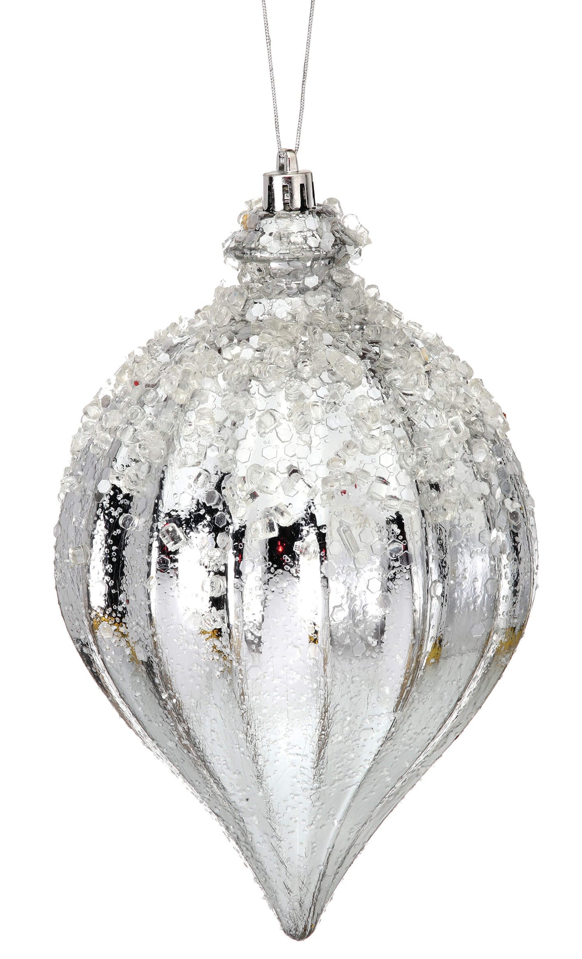 7" Metallic Ridged Iced Kismet Finial Ornament - Silver