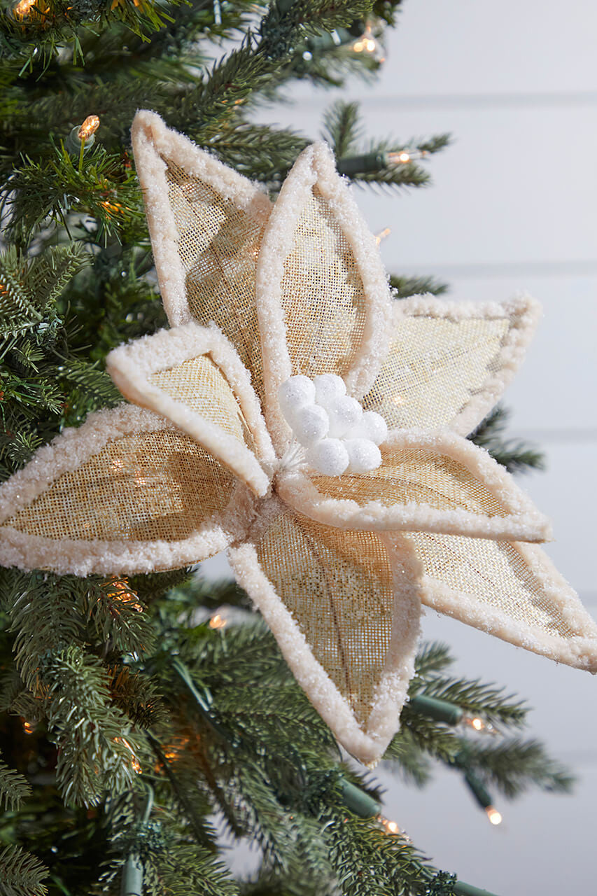 Burlap Faux Fur Edge Poinsettia Stem 20 Inch Rustic Christmas Decor