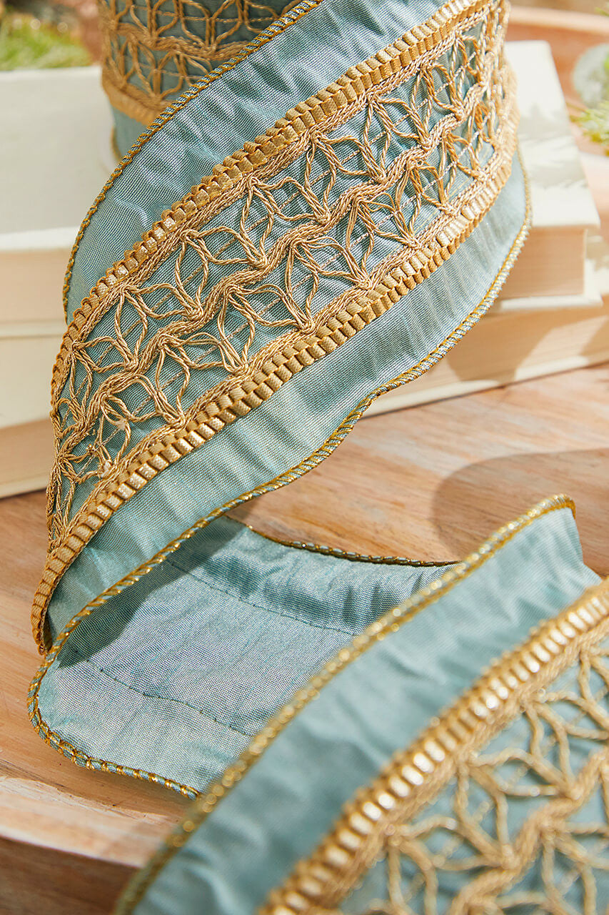 4 Inch x 5 Yard Metallic Gold Trim Dupion Wired Ribbon Aqua Luxury Holiday Christmas Gift Wrapping Wreath Tree Decoration Accent