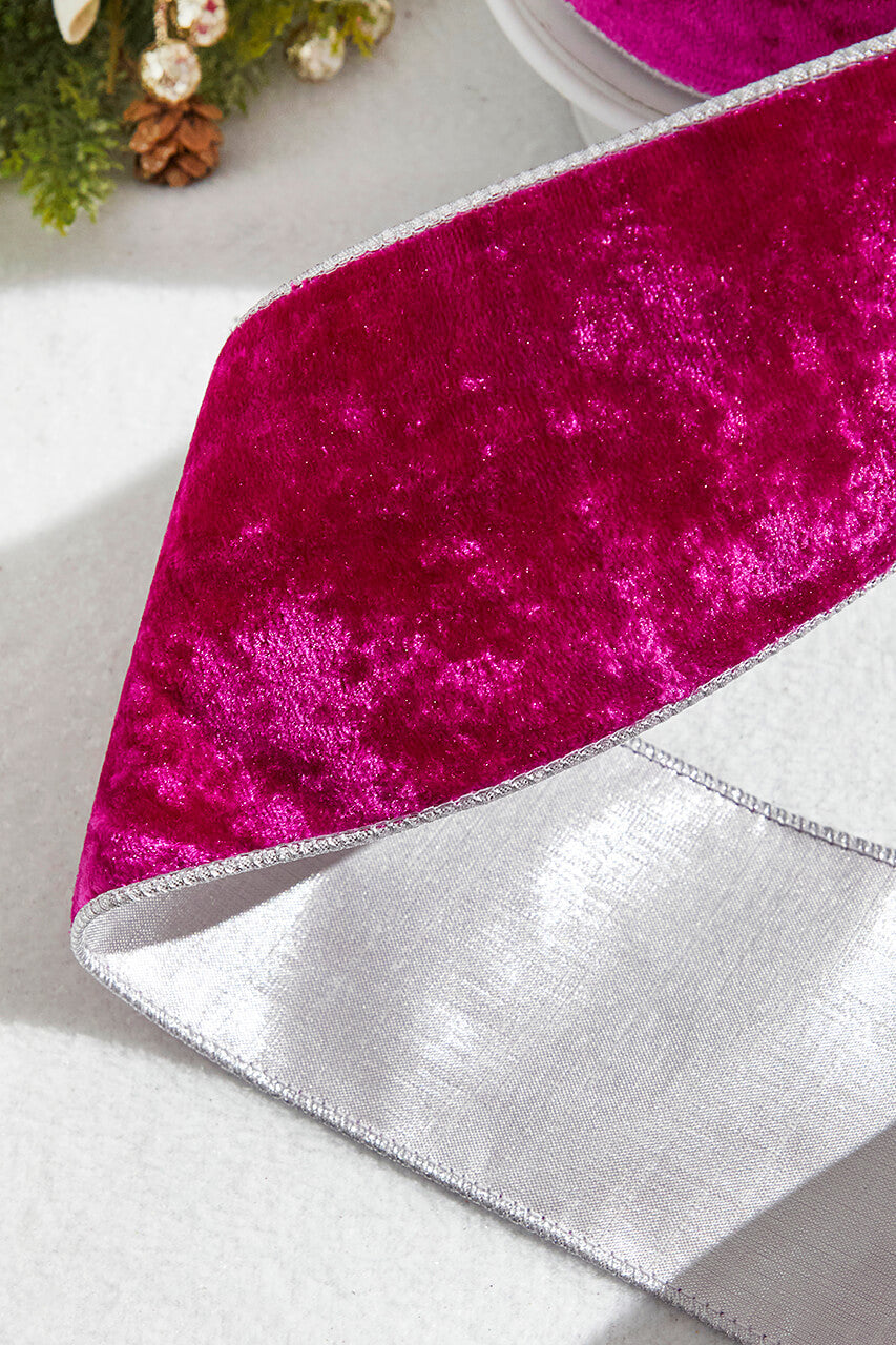 4 Inch x 10 Yard Fuchsia Crown Velvet Metallic Back Ribbon Luxury Wired Holiday Christmas Decorative Ribbon for Wreaths Garlands Gift Wrapping