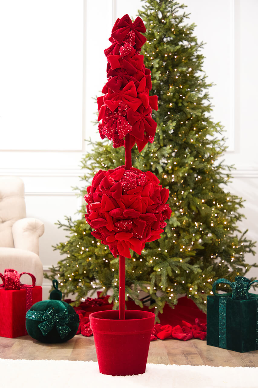 60" Red Velvet Sequin Bow Potted Topiary Tree