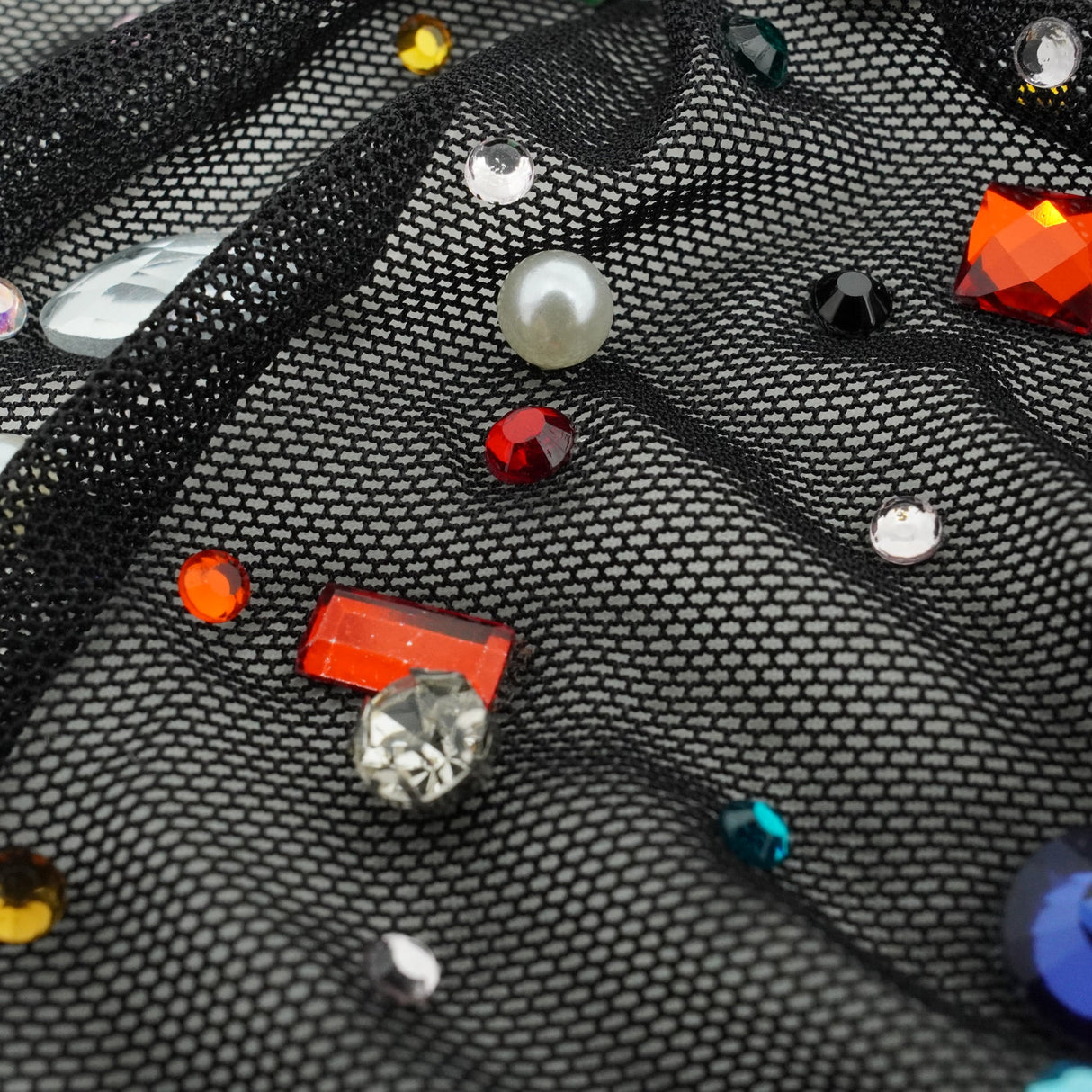 Brilliance Beaded With Rhinestone Stretch Mesh Fabric - Champagne, Silver, Black, Colorful, Pink, Red, Hunter Green, Light Blue, 54/55" Width (1 Yard)