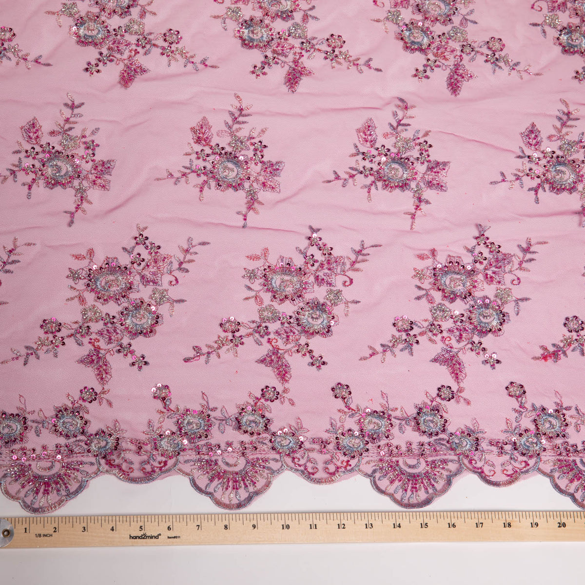 1 Yard Tulle Lace Fabric Embroidered with Beads and Floral Pattern, 52" Wide