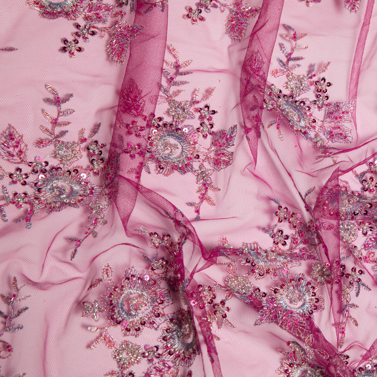 1 Yard Tulle Lace Fabric Embroidered with Beads and Floral Pattern, 52" Wide