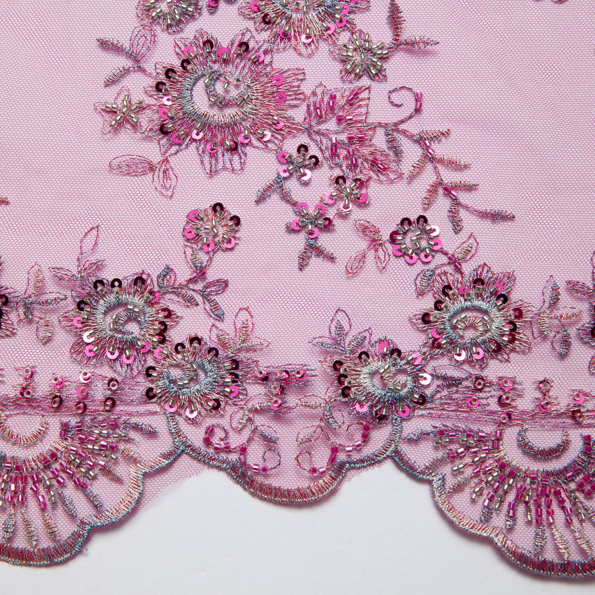 1 Yard Tulle Lace Fabric Embroidered with Beads and Floral Pattern, 52" Wide