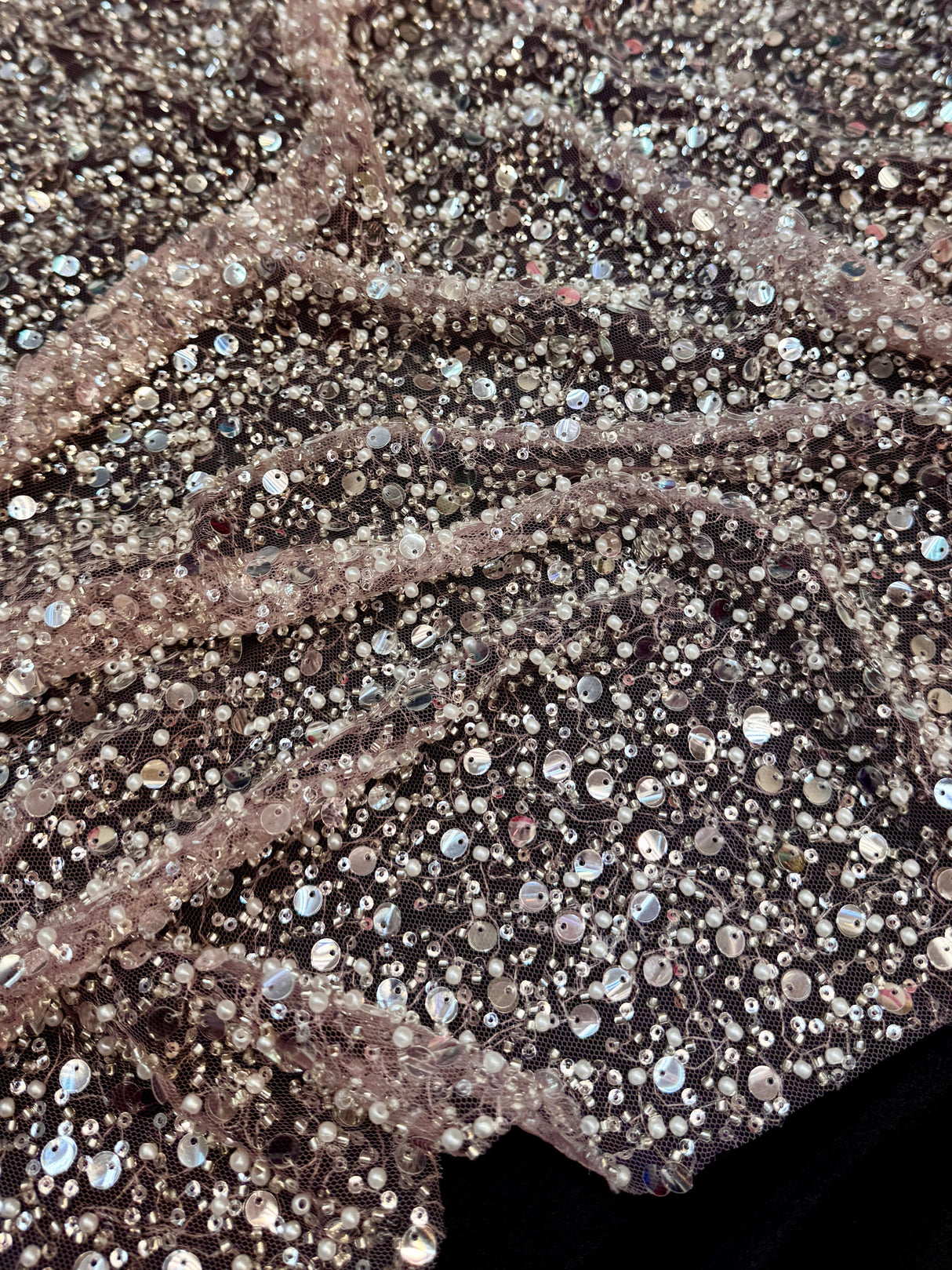 Beaded Sequin Pearl Mesh Lace Powder Pink