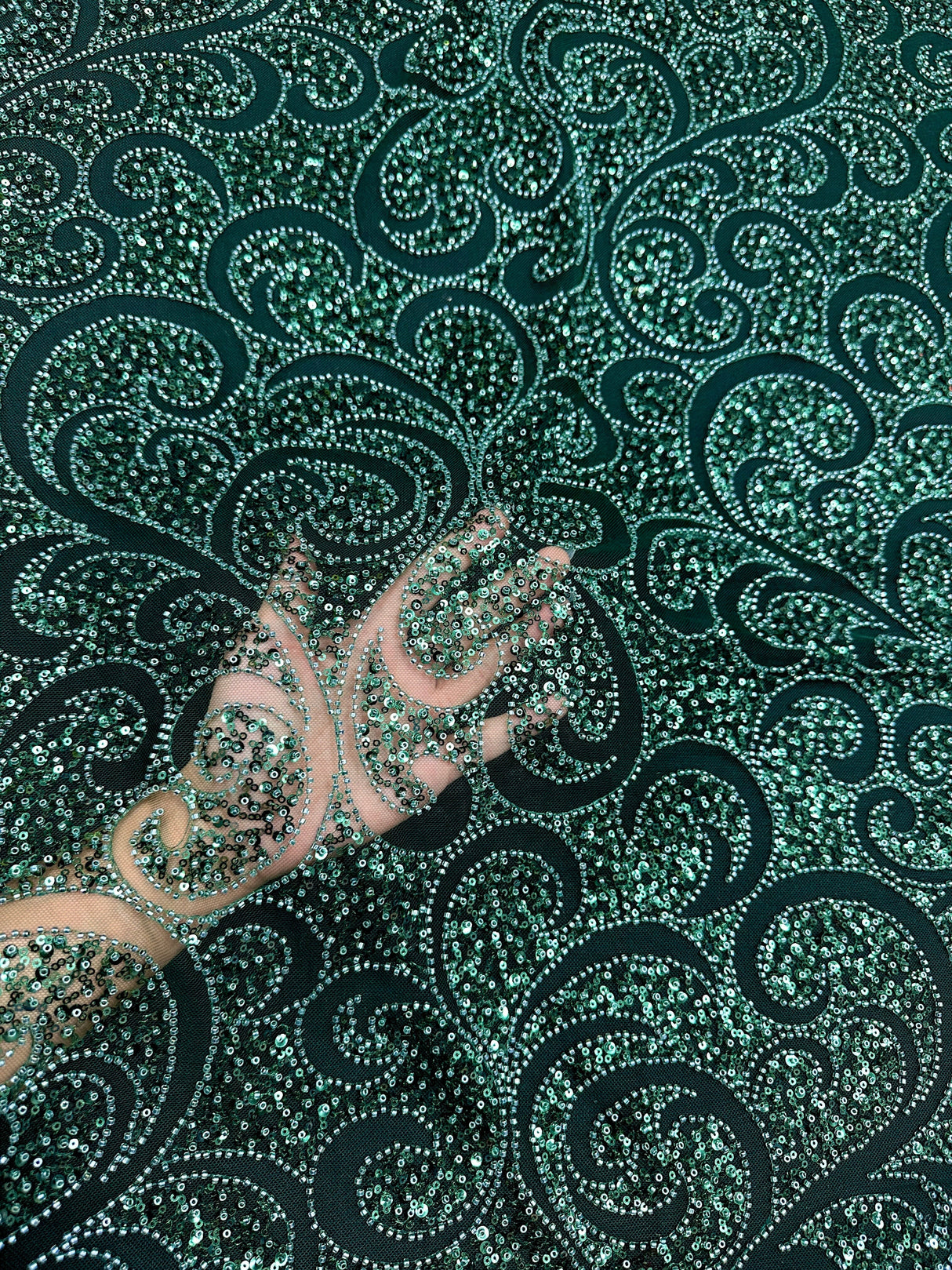 Stretch Sequin Beaded Scroll Lace on Mesh