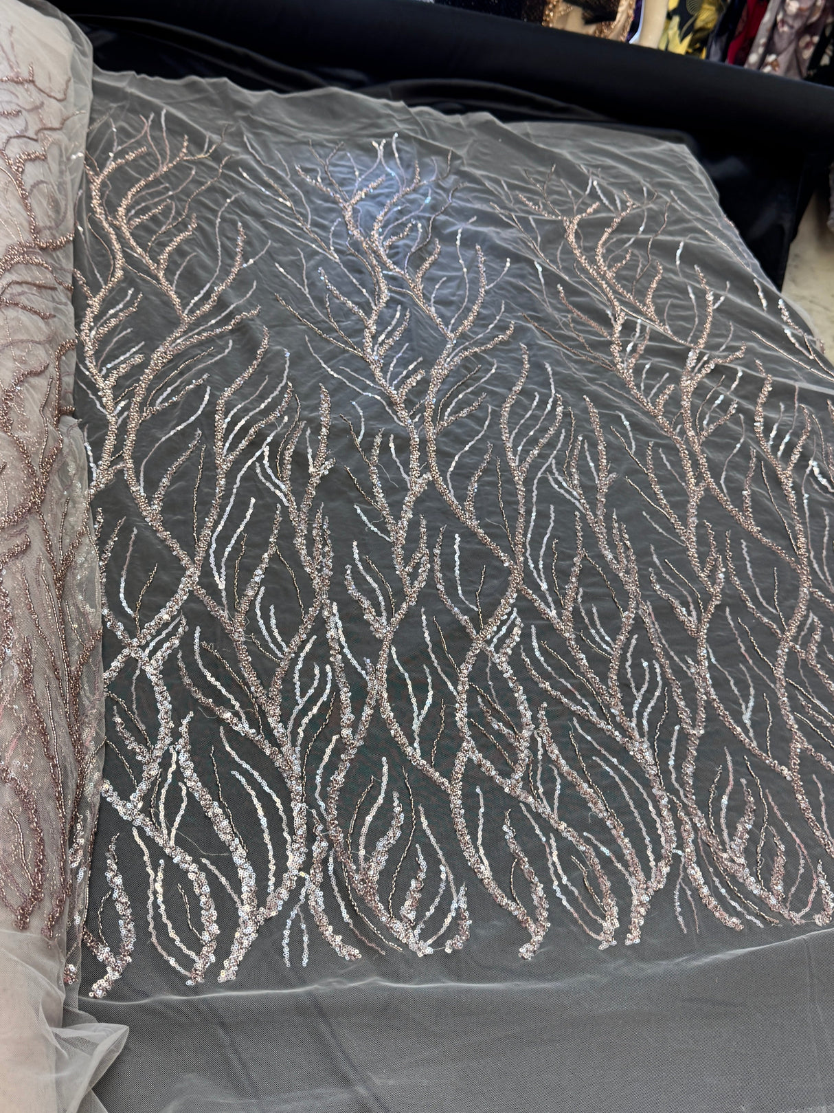 Beaded Sequin Lace on Mesh Dusty Pink