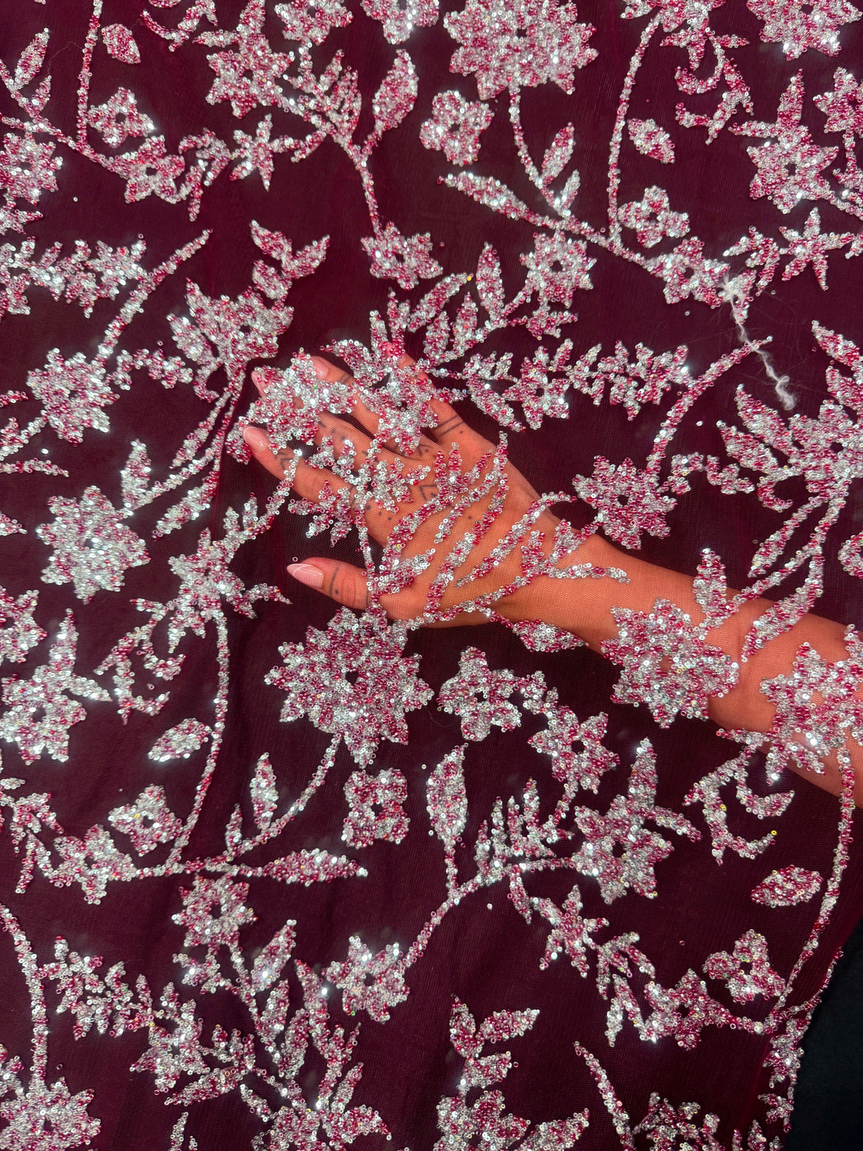 Beaded Floral Lace Wine Silver