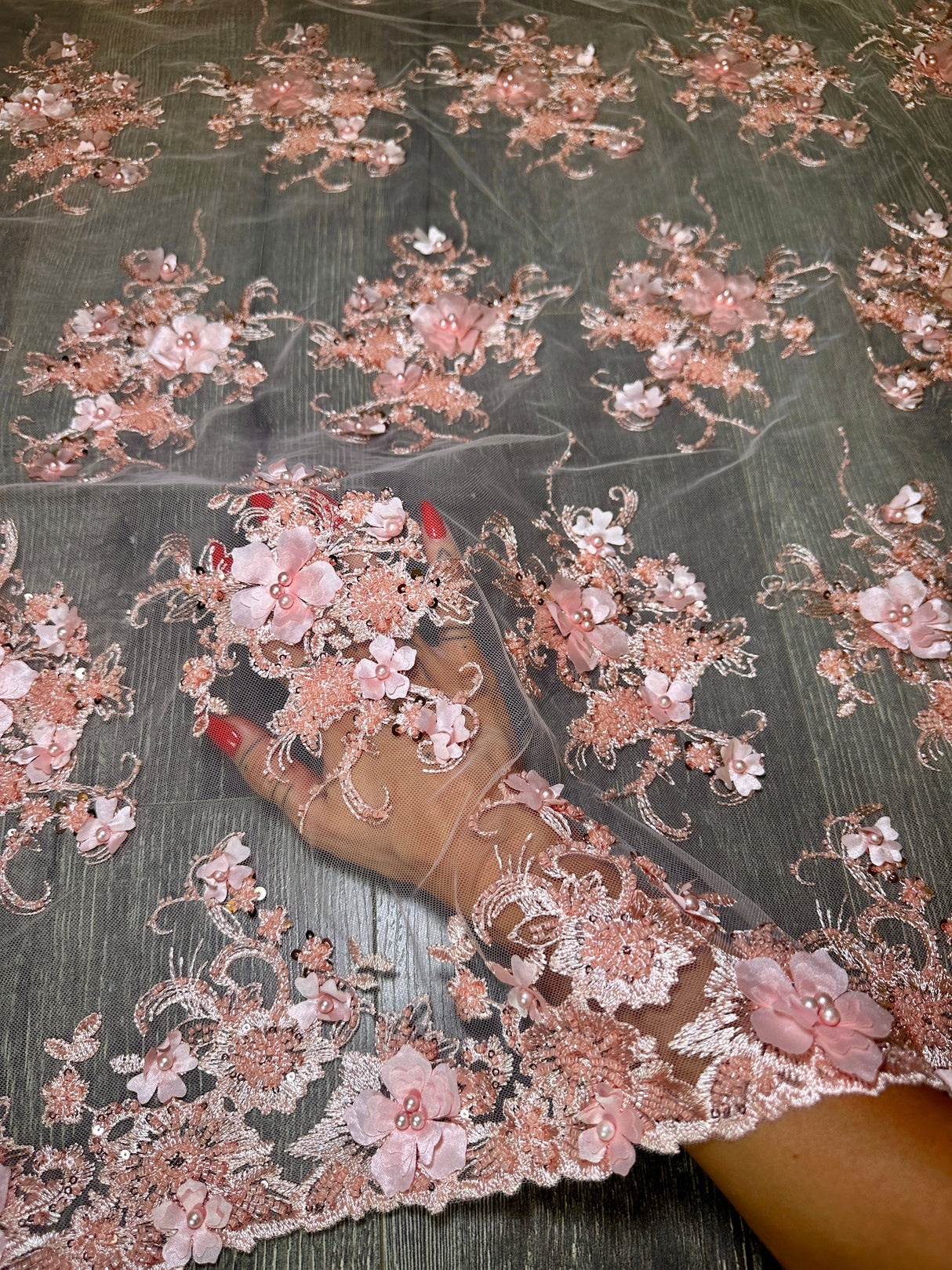 3D Floral Embroidered Beaded Tulle Lace Peach