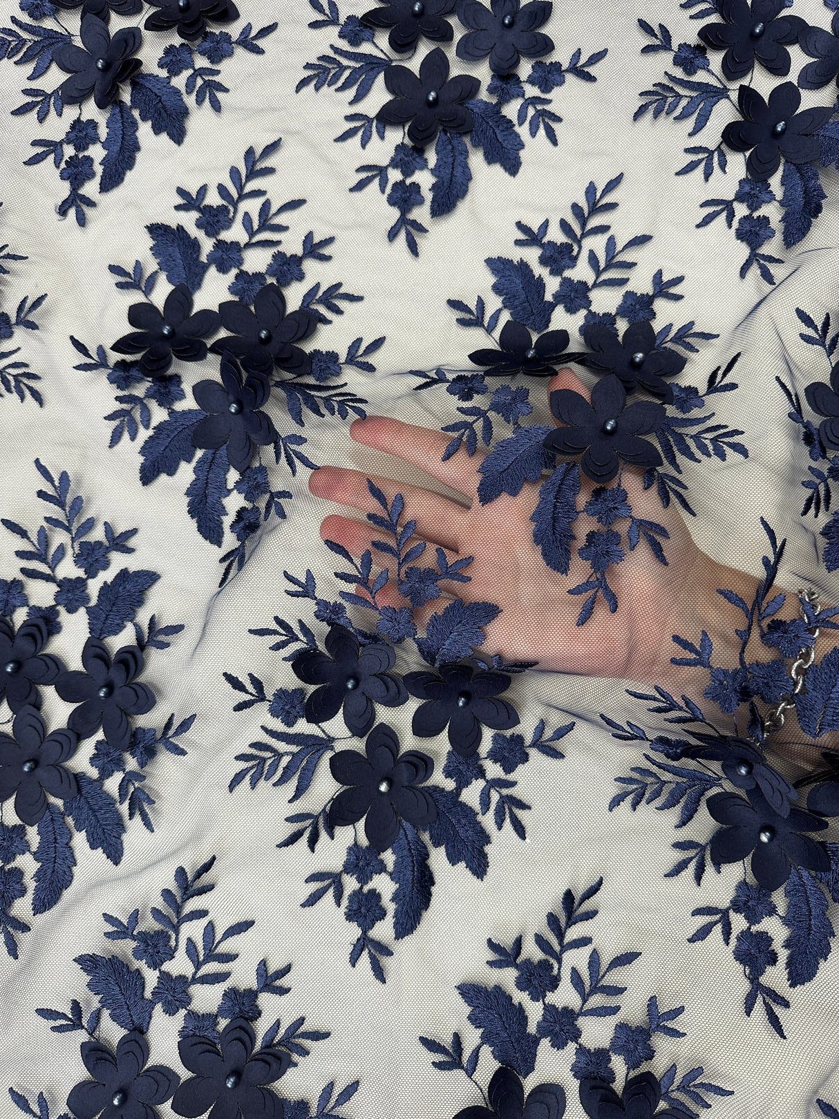 3D Flower Scalloped Mesh Lace Navy