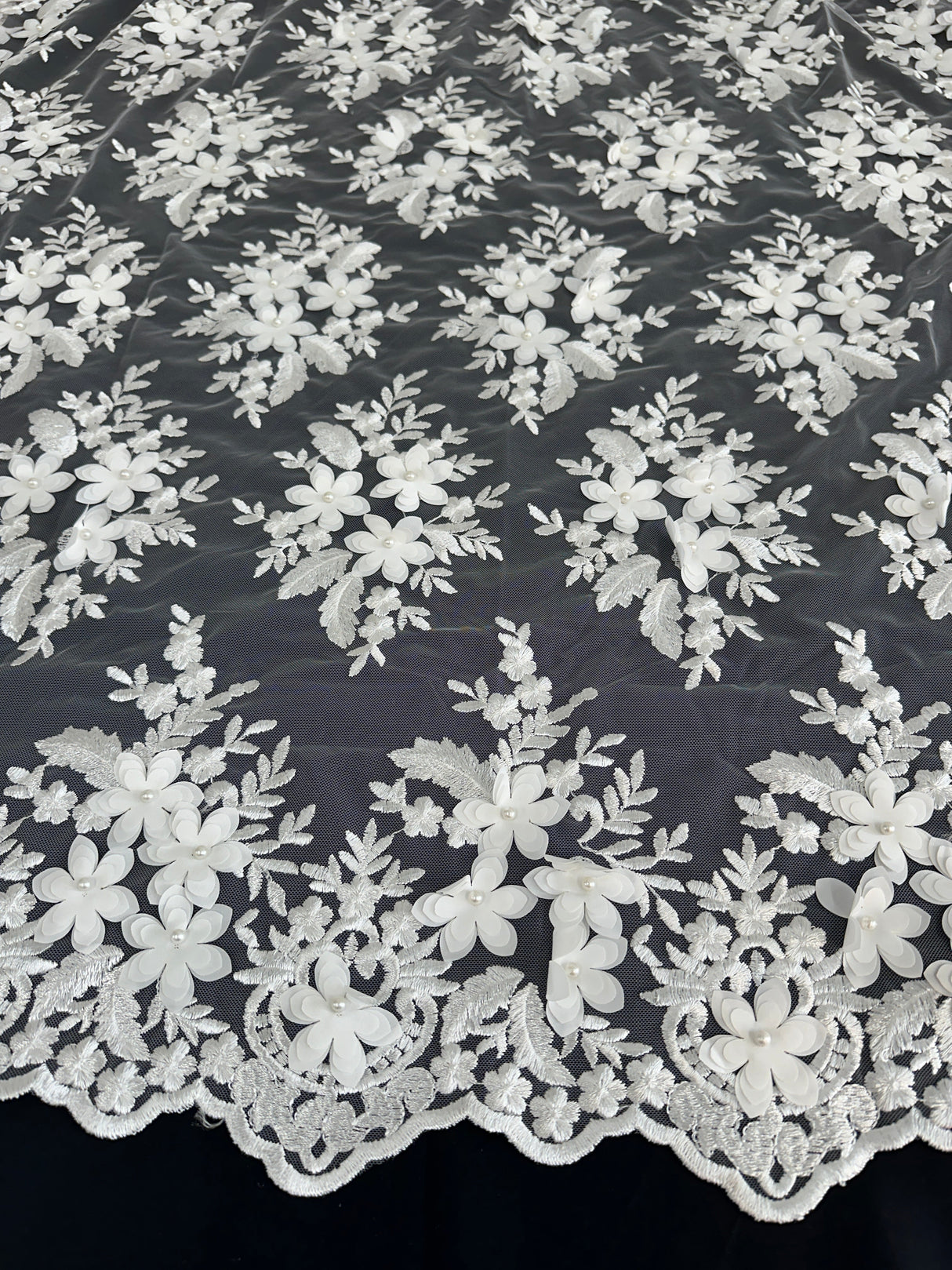 3D Flower Scalloped Mesh Lace White