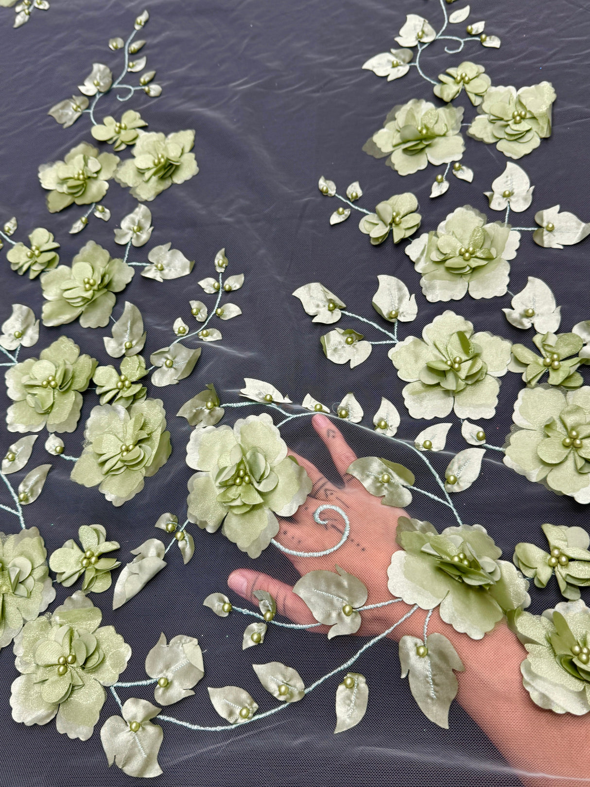 3D Flower Beaded Lace Mesh Pistachio