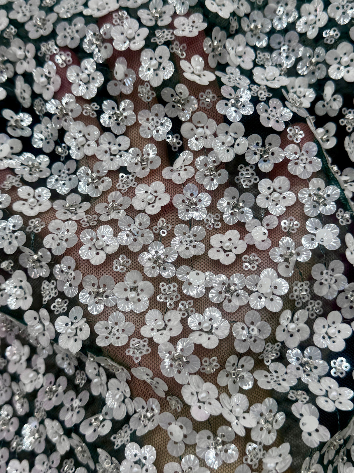 Stretch Sequin Flowers on Hunter Green Mesh