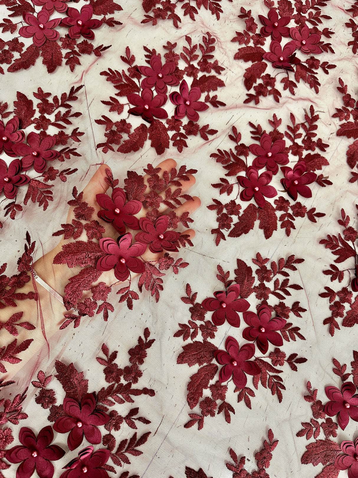 Burgundy 3D Flower Scalloped Mesh Lace