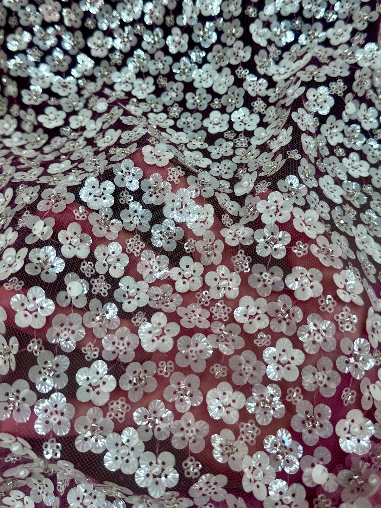 3D White Sequin Flowers on Baby Pink Mesh