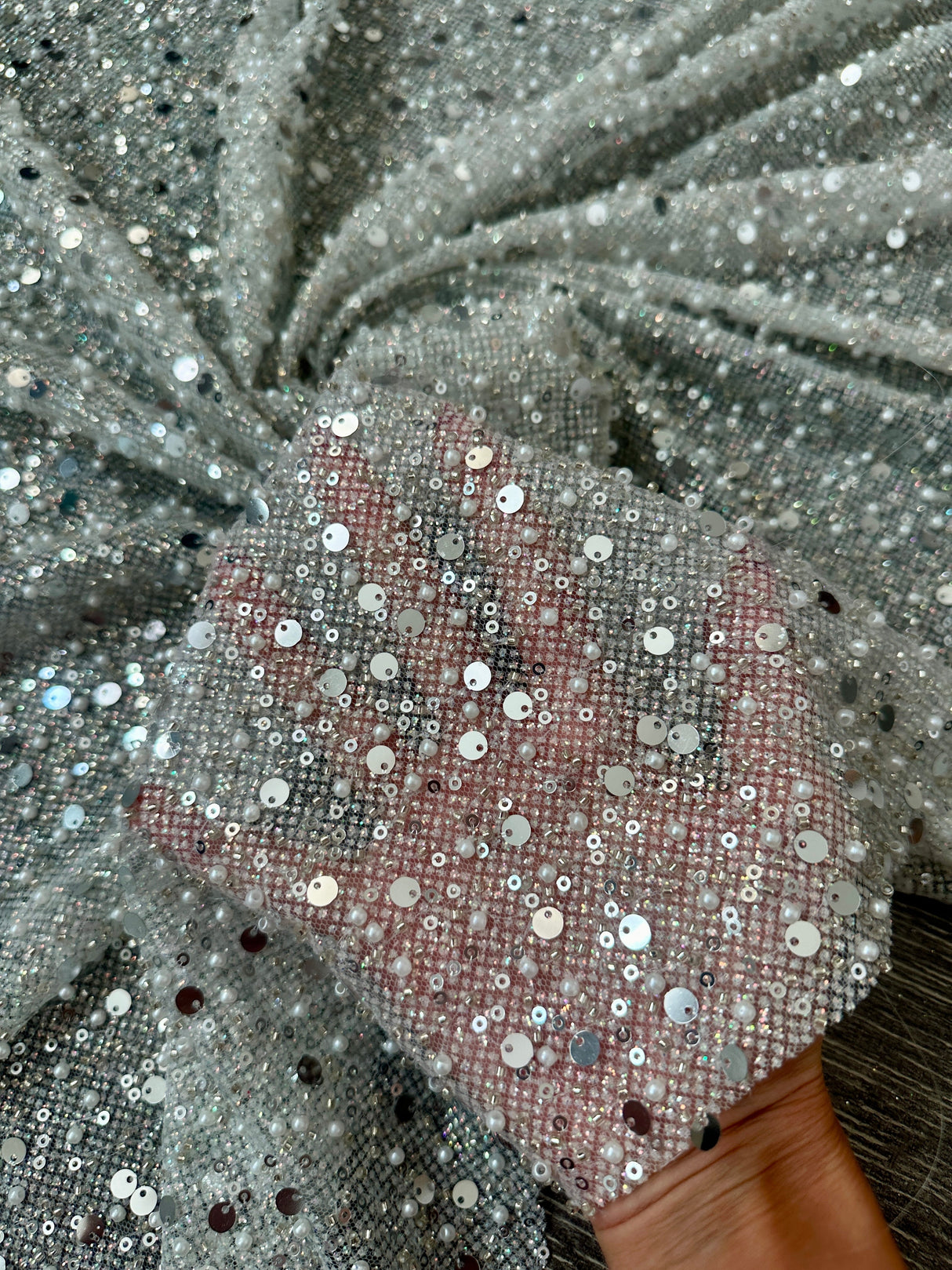 Stretch Silver Sequin Pearl Beaded Mesh