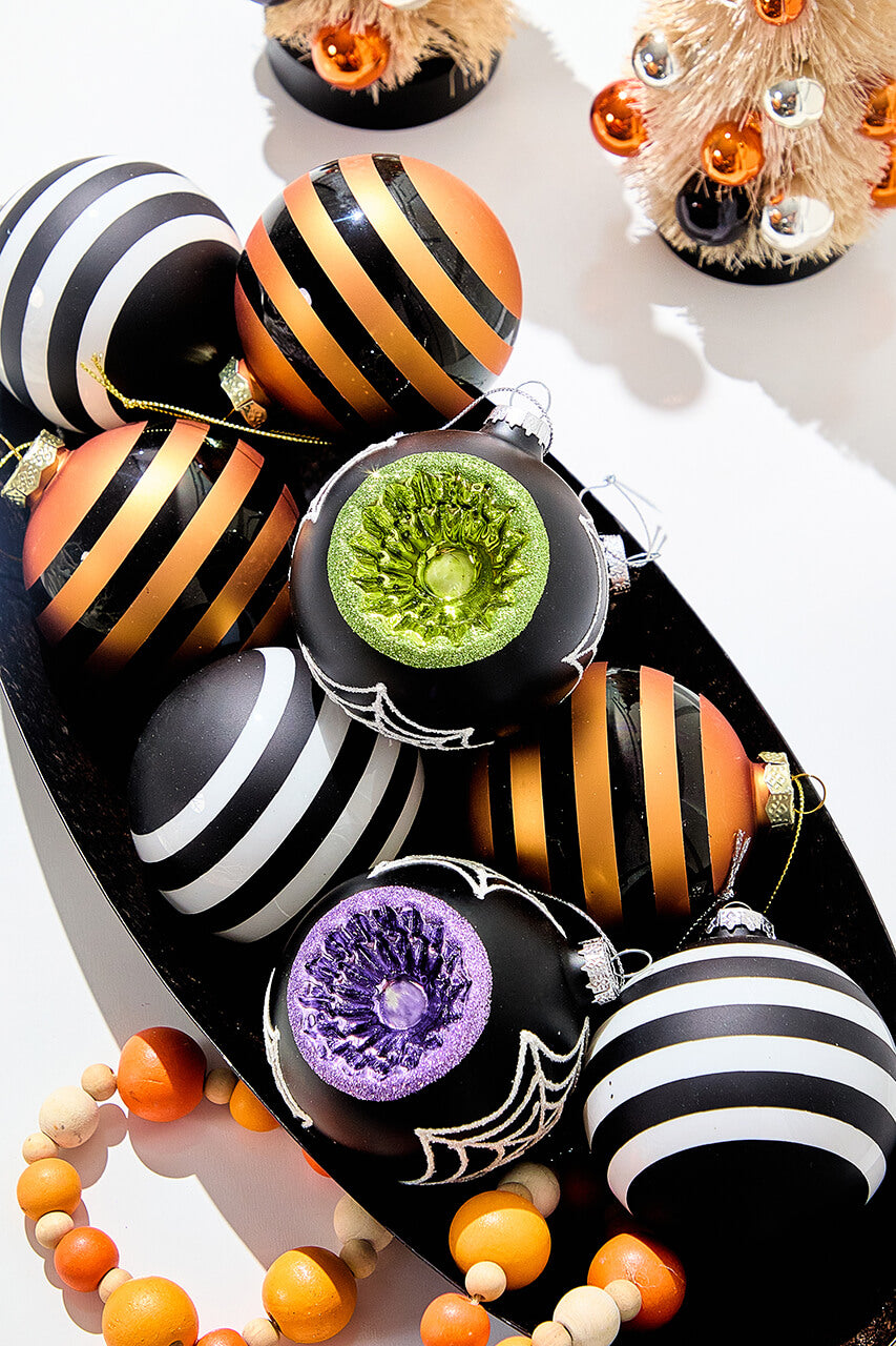 3" Glass Black & White Stripe Halloween Ball Ornament Box - Set of 3
