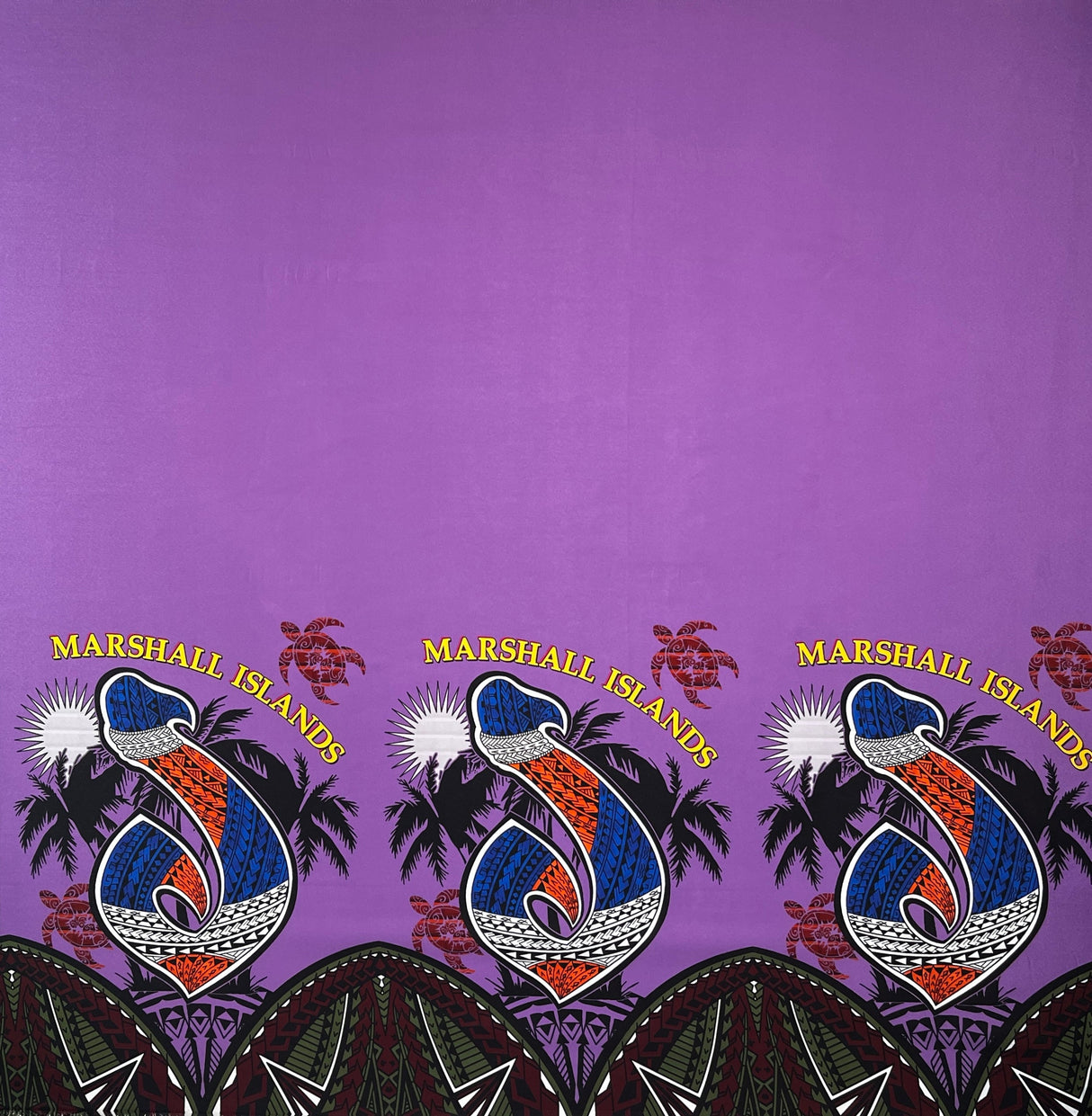 Marshall Islands Hook Palm Trees Sea Turtles Single Border Peachskin Fabric - Purple/Beige, 45" Width (1 Yard)
