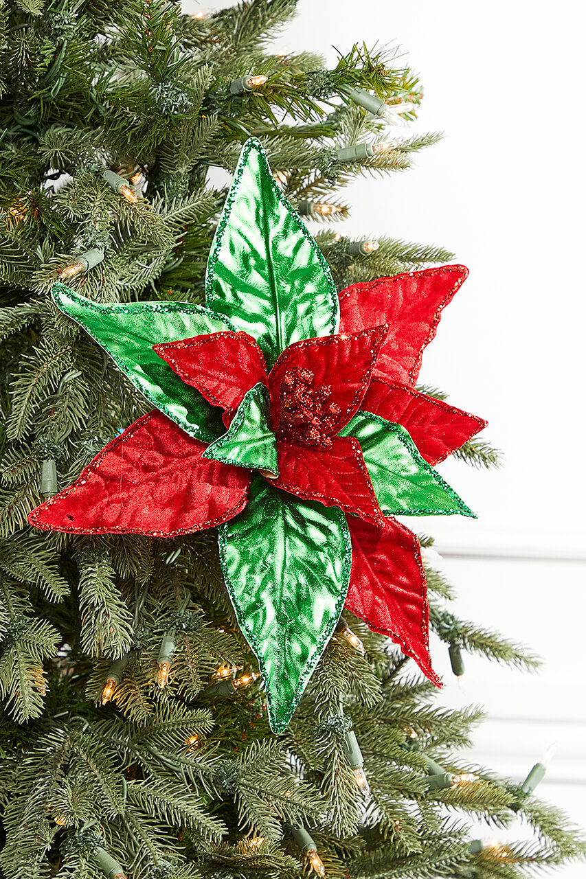 22" Metallic Green and Red Poinsettia Stem