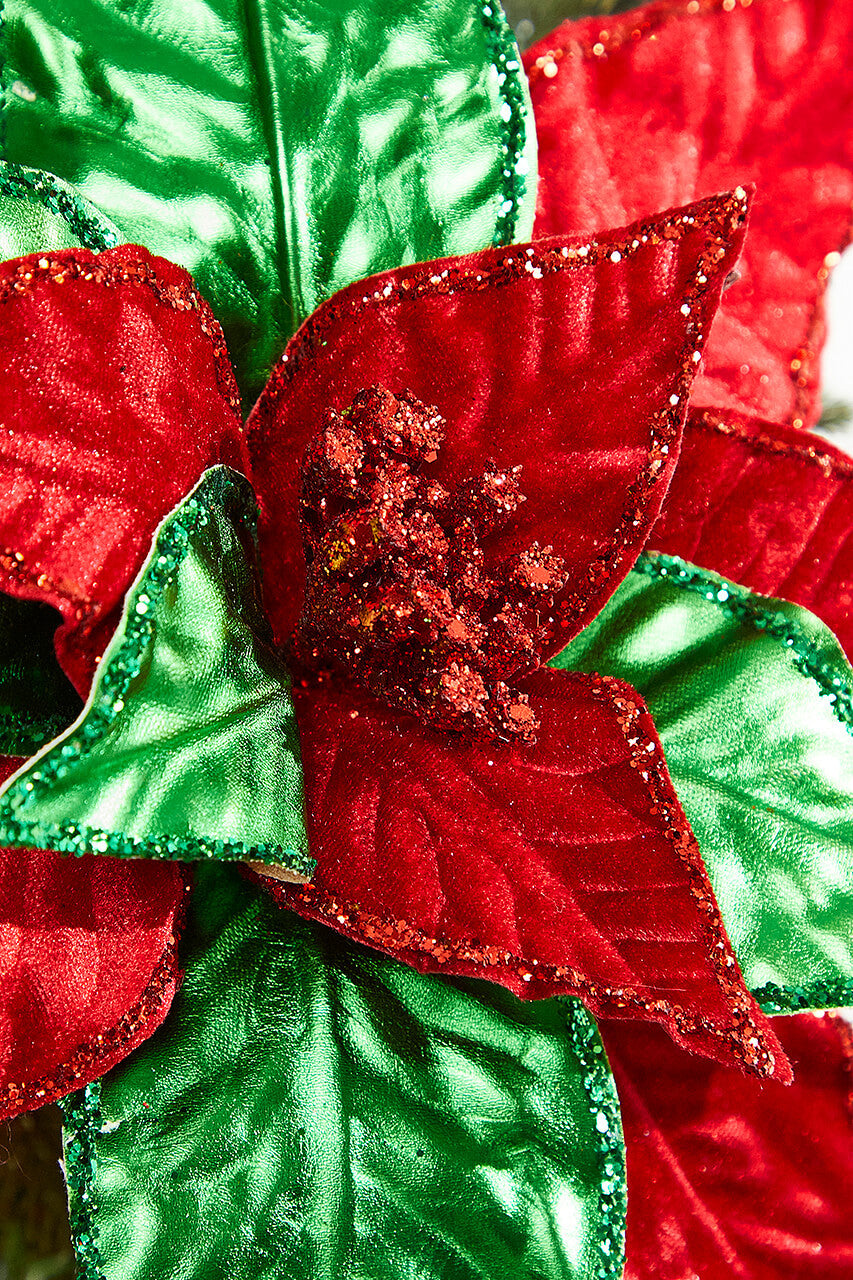 Metallic Red Green Poinsettia Stem 22 Inch Christmas Floral Decor
