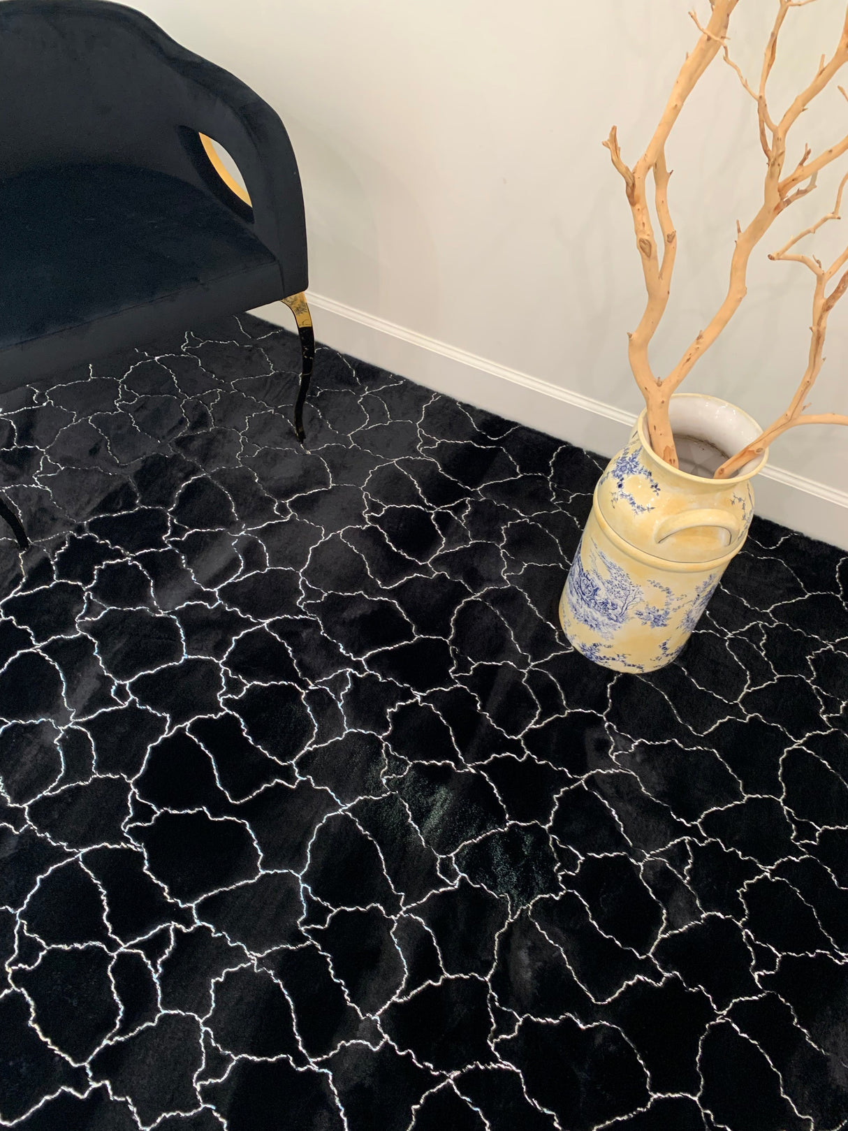 Black Marble With Silver Metallic Shimmery Design Faux Rabbit Touch Rug - Polyester Faux Fur Rug, Black Silver Marble, 7'6" X 10'3", 5' X 7' (1 Piece)