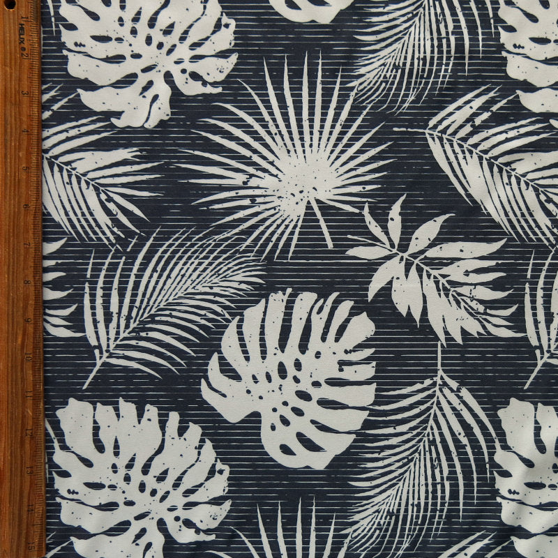 Stretch Woven Boardshort Fabric Mint Hawaiian Foliage on Charcoal