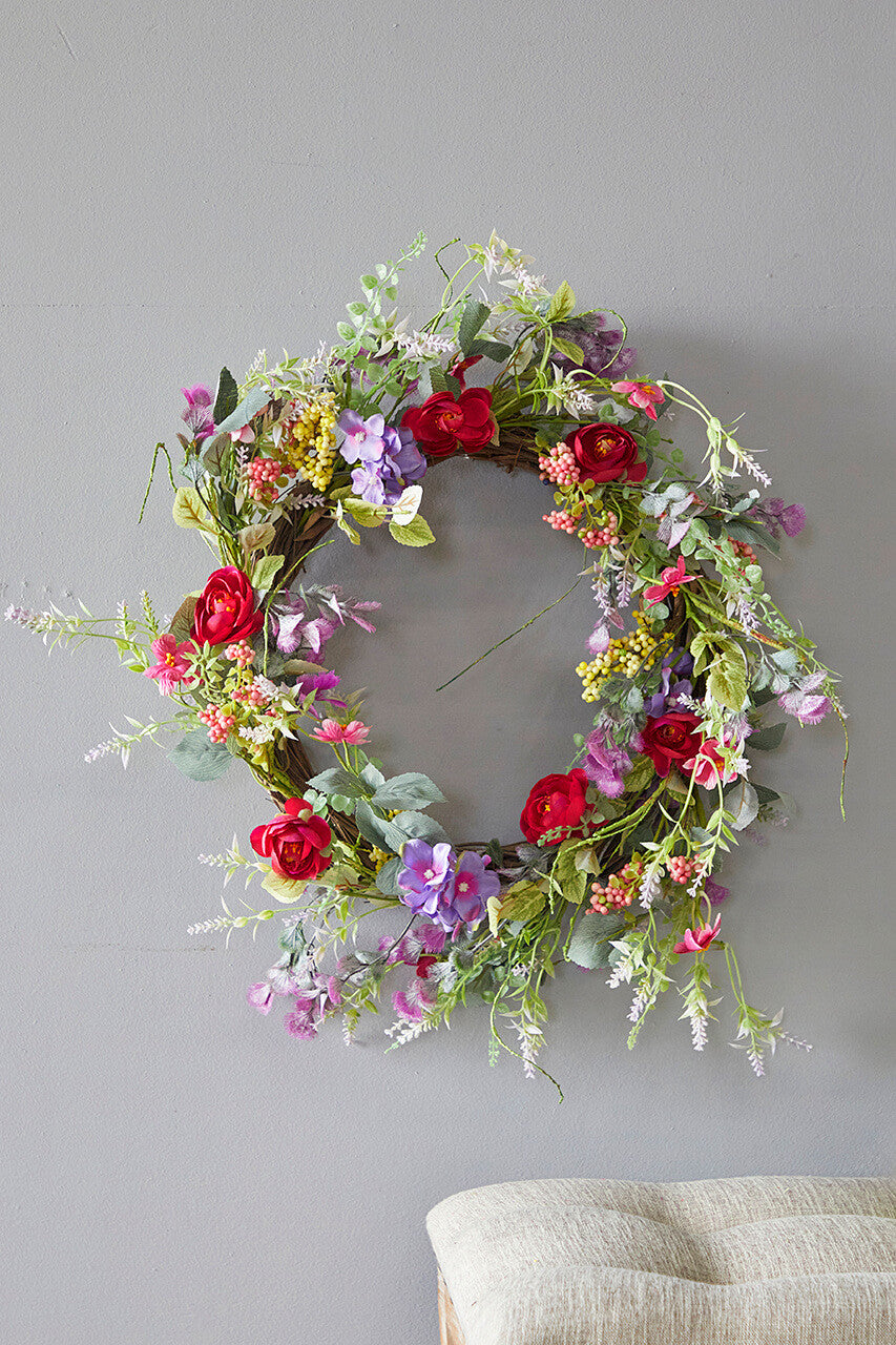 24 Inch Mixed Flower Wreath Red Purple and Green Decorative Spring Summer Floral Door Wall Wreath