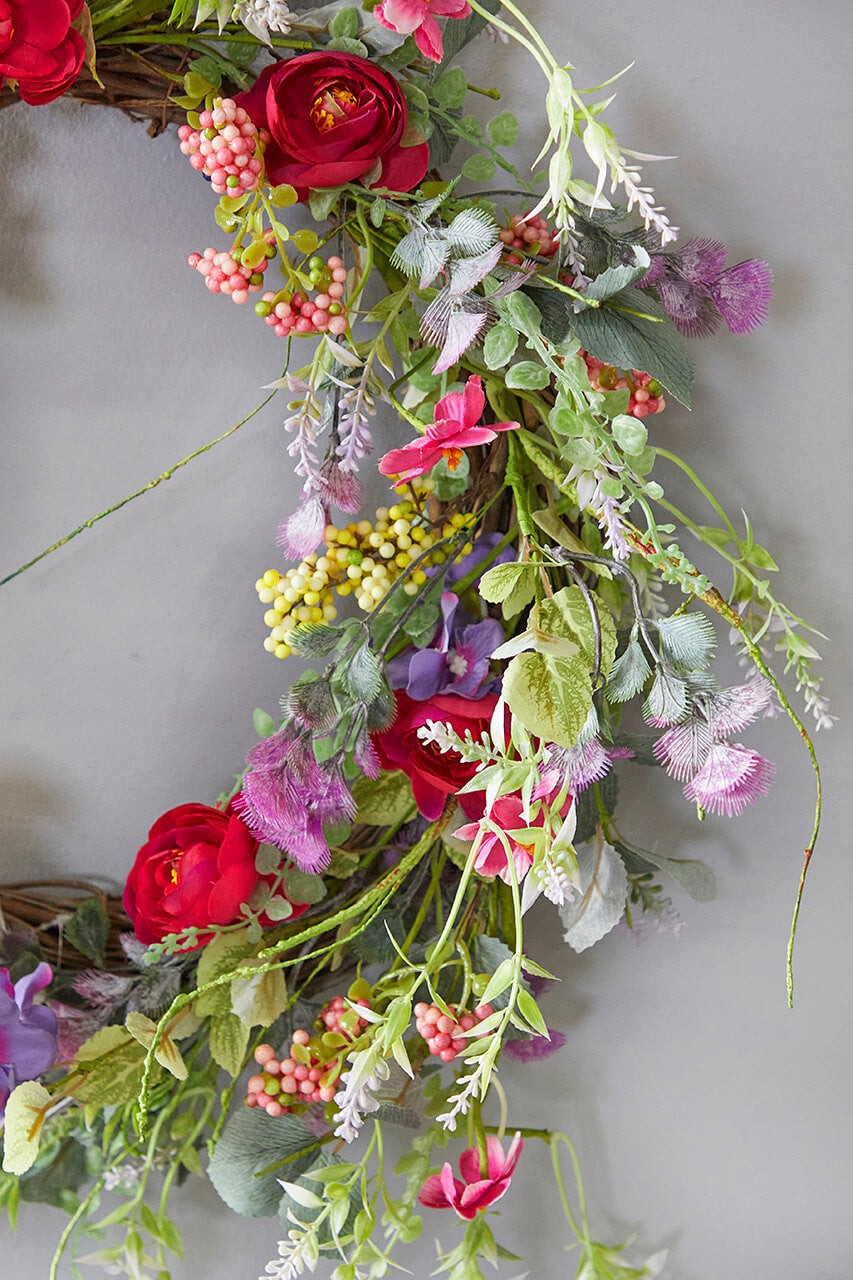 24 Inch Mixed Flower Wreath Red Purple and Green Decorative Spring Summer Floral Door Wall Wreath