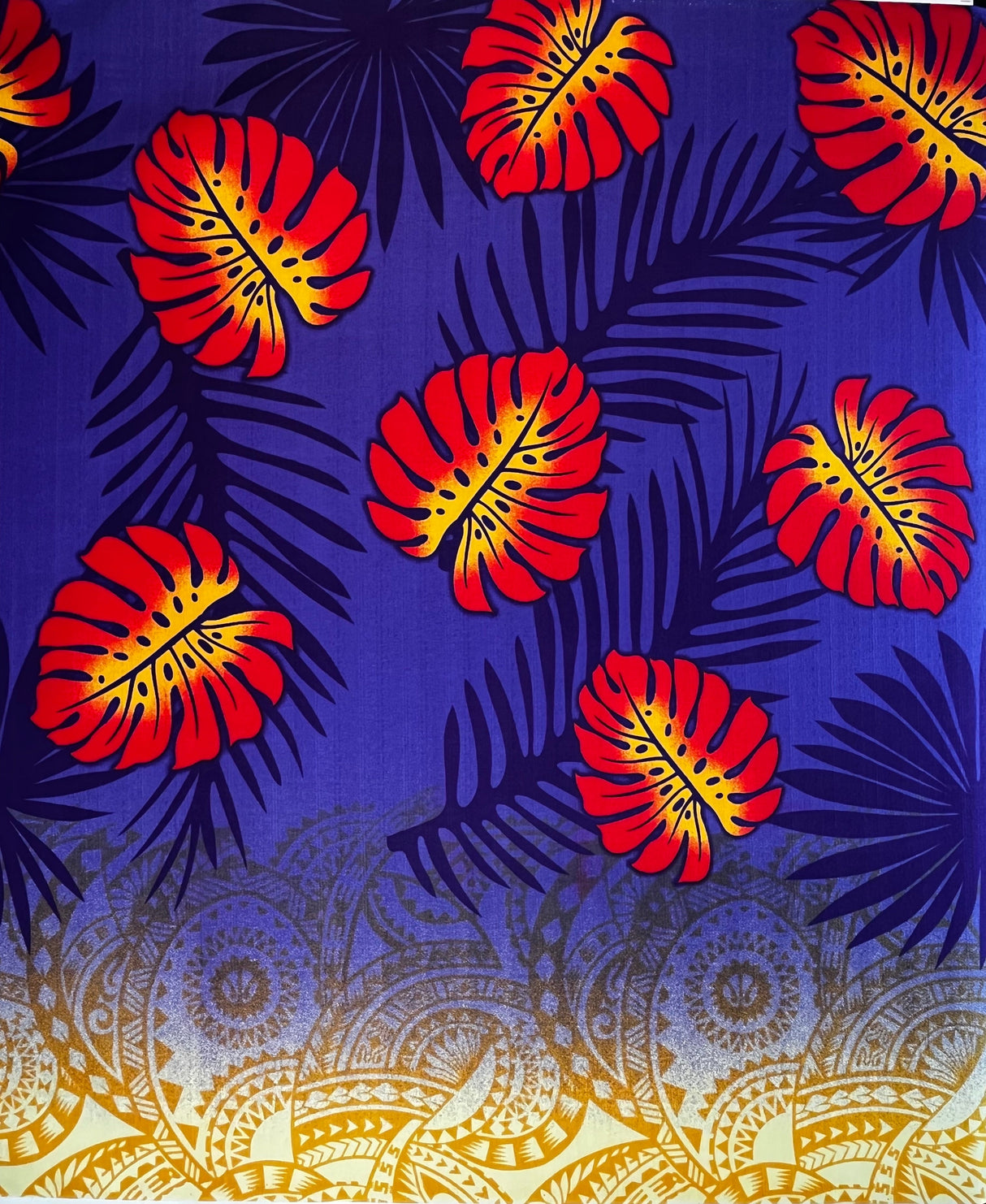 Monstera Palm Leaves Traditional Tattoo Border Light Barkcloth Fabric - Traditional Tattoo Border, 45" Width (1 Yard)