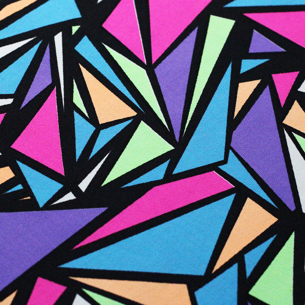 Spin City Nylon Spandex Fabric - Multicolor Geometric Triangles On Black, 58/60" Width (1 Yard)