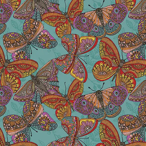 Cotton Print Butterfly Toss Fabric Multi Teal 44/45"