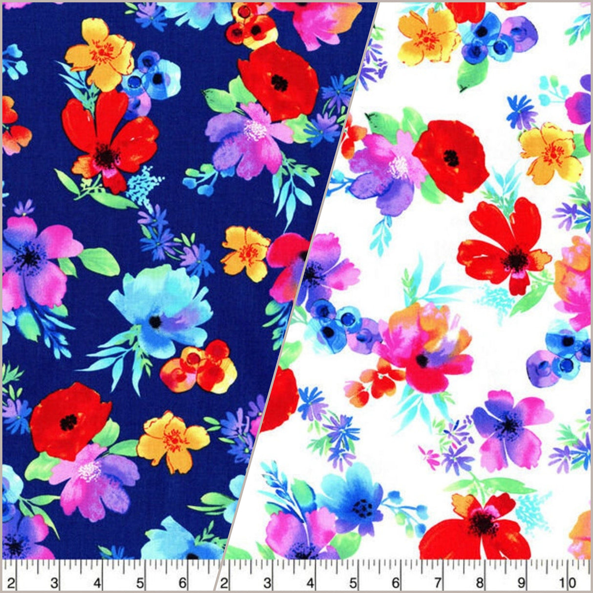 Quilting Cotton Multi Floral Blue Dark and White