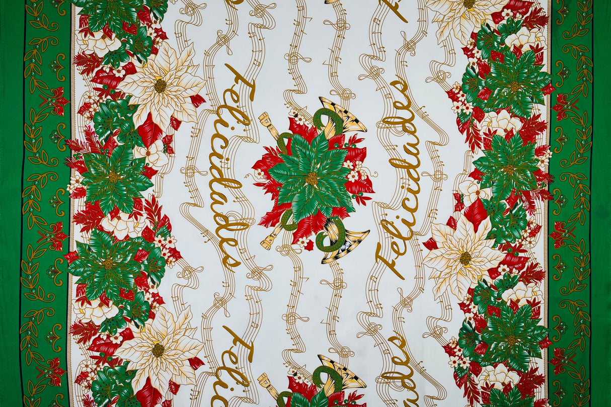 Musical Poinsettia Celebration Polyester Fabric - Red And Green Poinsettia Print, 58" Width (1 Yard)