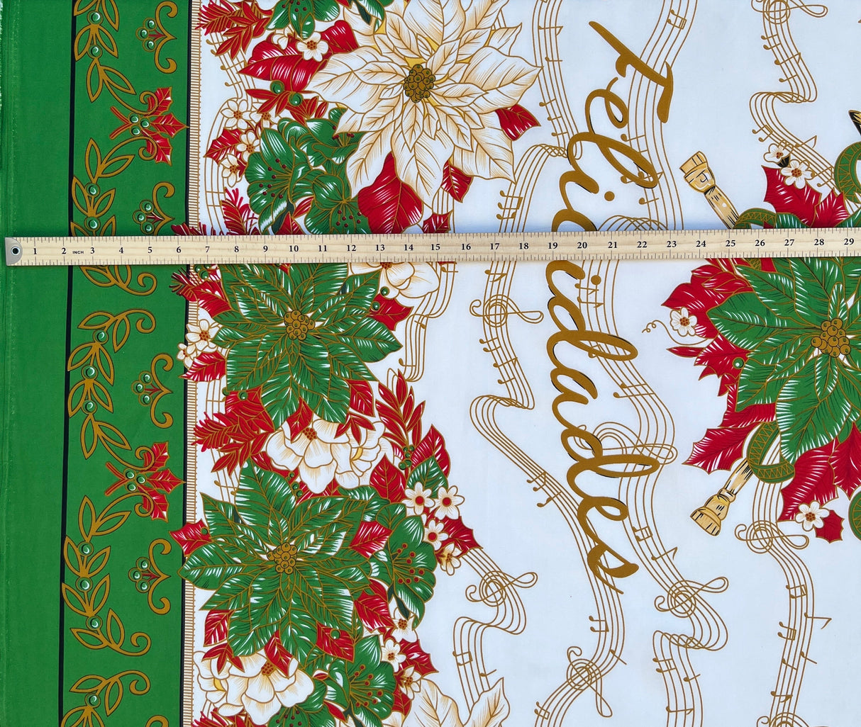 Musical Poinsettia Celebration Polyester Fabric - Red And Green Poinsettia Print, 58" Width (1 Yard)