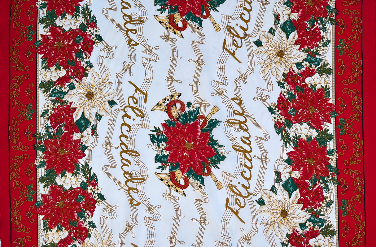 Musical Poinsettia Celebration Polyester Fabric - Red And Green Poinsettia Print, 58" Width (1 Yard)