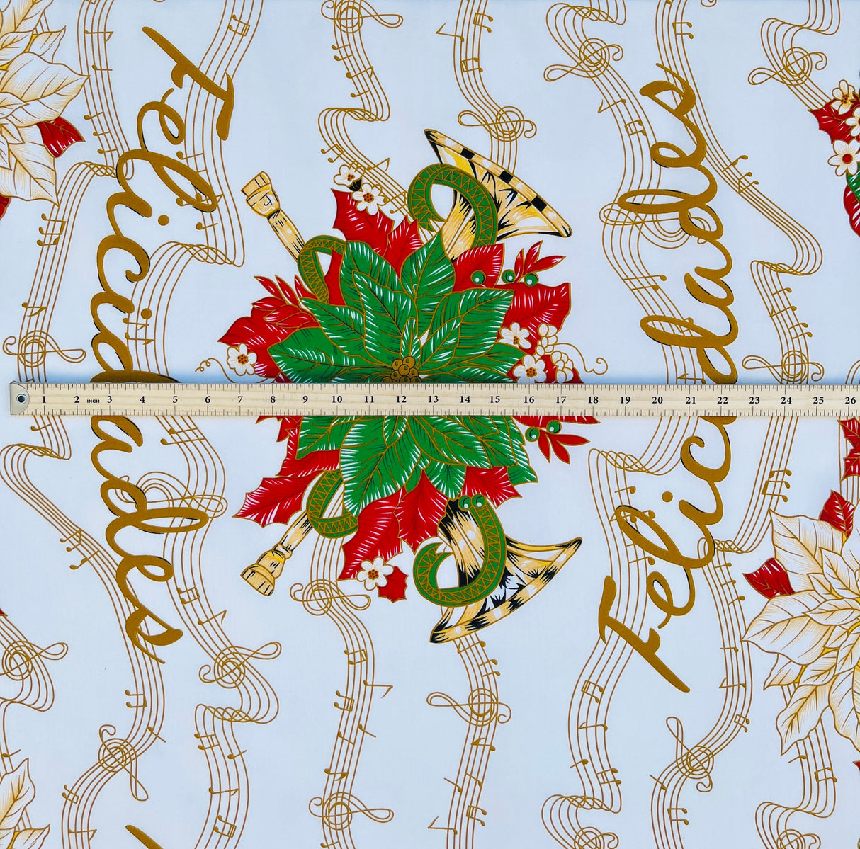 Musical Poinsettia Celebration Polyester Fabric - Red And Green Poinsettia Print, 58" Width (1 Yard)