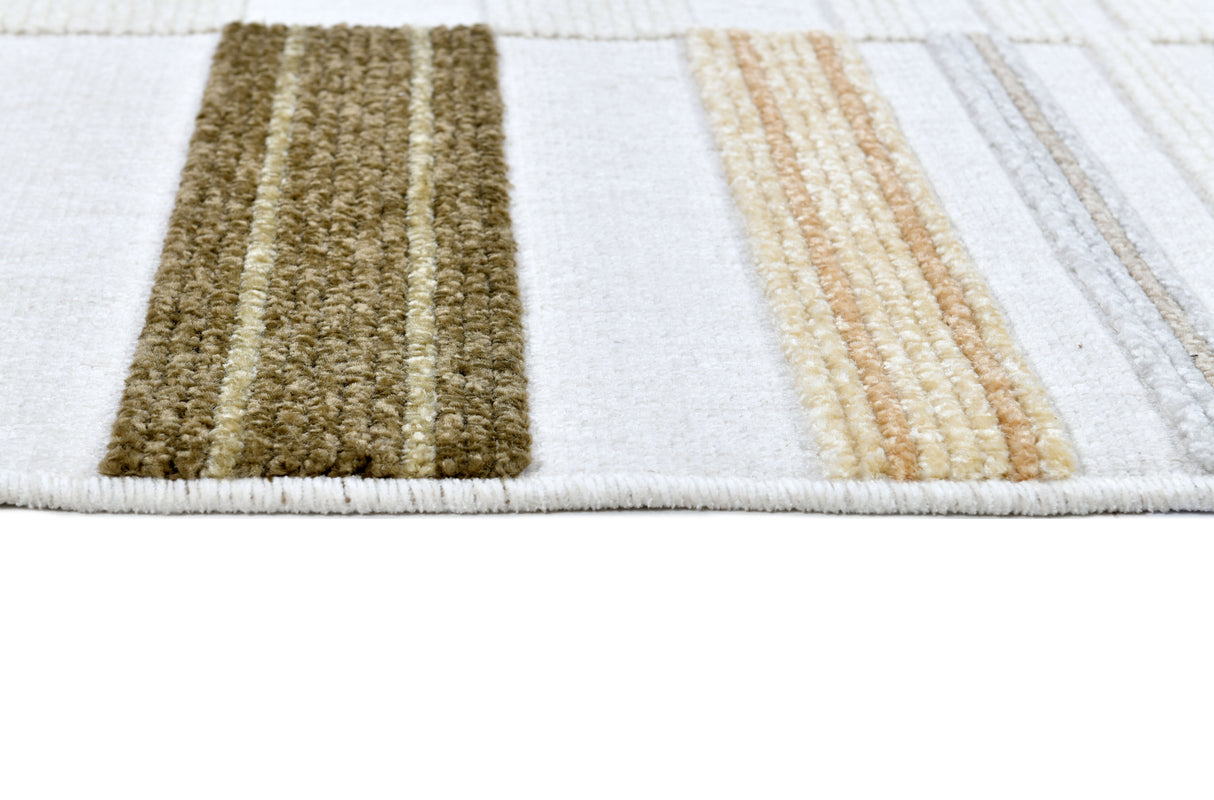 TIA 103 Microfiber Chenille Area Rug - Cream Boho High-Low Texture, Mustard Green Beige (5' 3" X 7' 6" / 1 Rug)