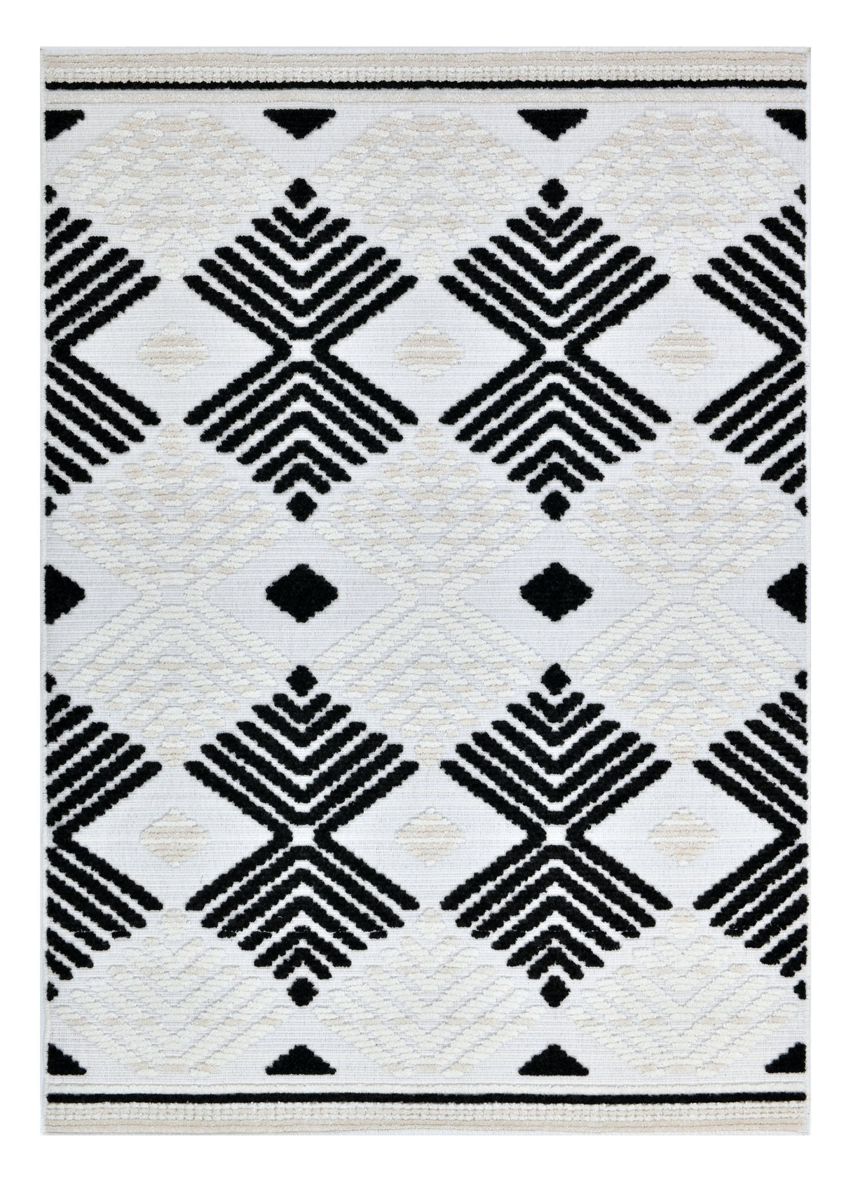 TIA 107 Microfiber Chenille Area Rug - Soft Cream, Beige Tones, Bohemian Black & Brown High-Low Motif (Anthracite)