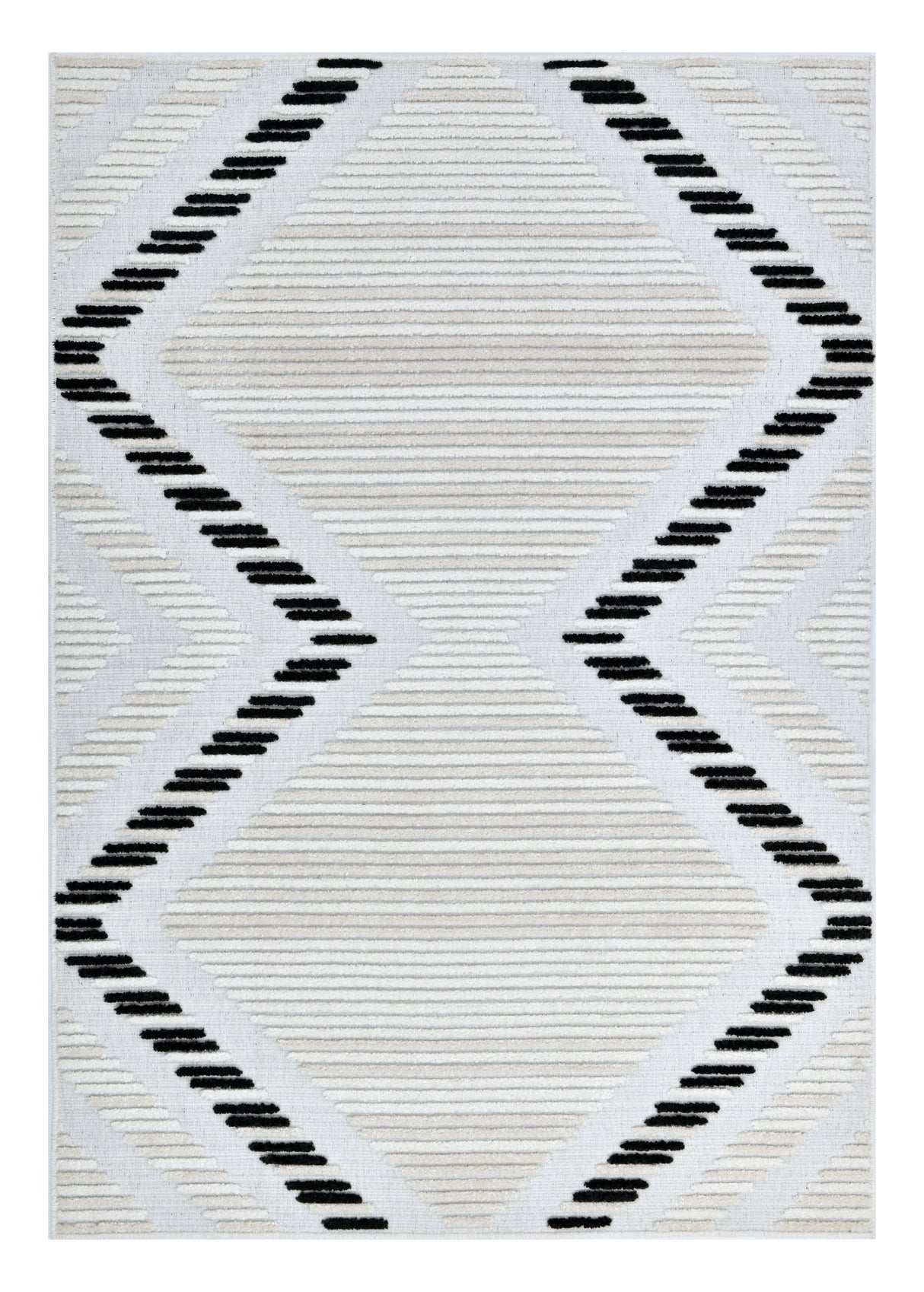 TIA 109 Microfiber Chenille Area Rug Fabric - Soft Cream, Black/Beige Bohemian Motif, High-Low Detail (1 Rug)