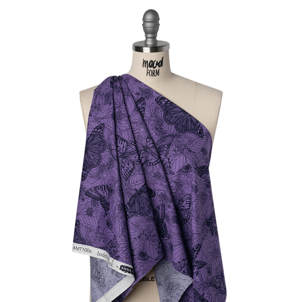 Printed Quilting Cotton by Anna Maria Textiles for Northcott - Blueberry Winging It Butterflies and Flowers - Indelible Ink Collection