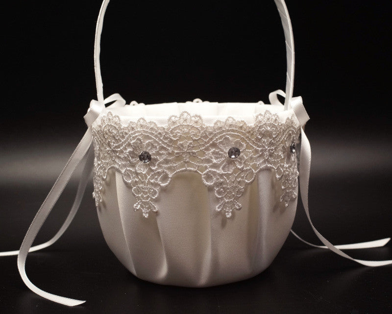 White Venise Lace Flower Girl Basket with Rhinestones Wedding